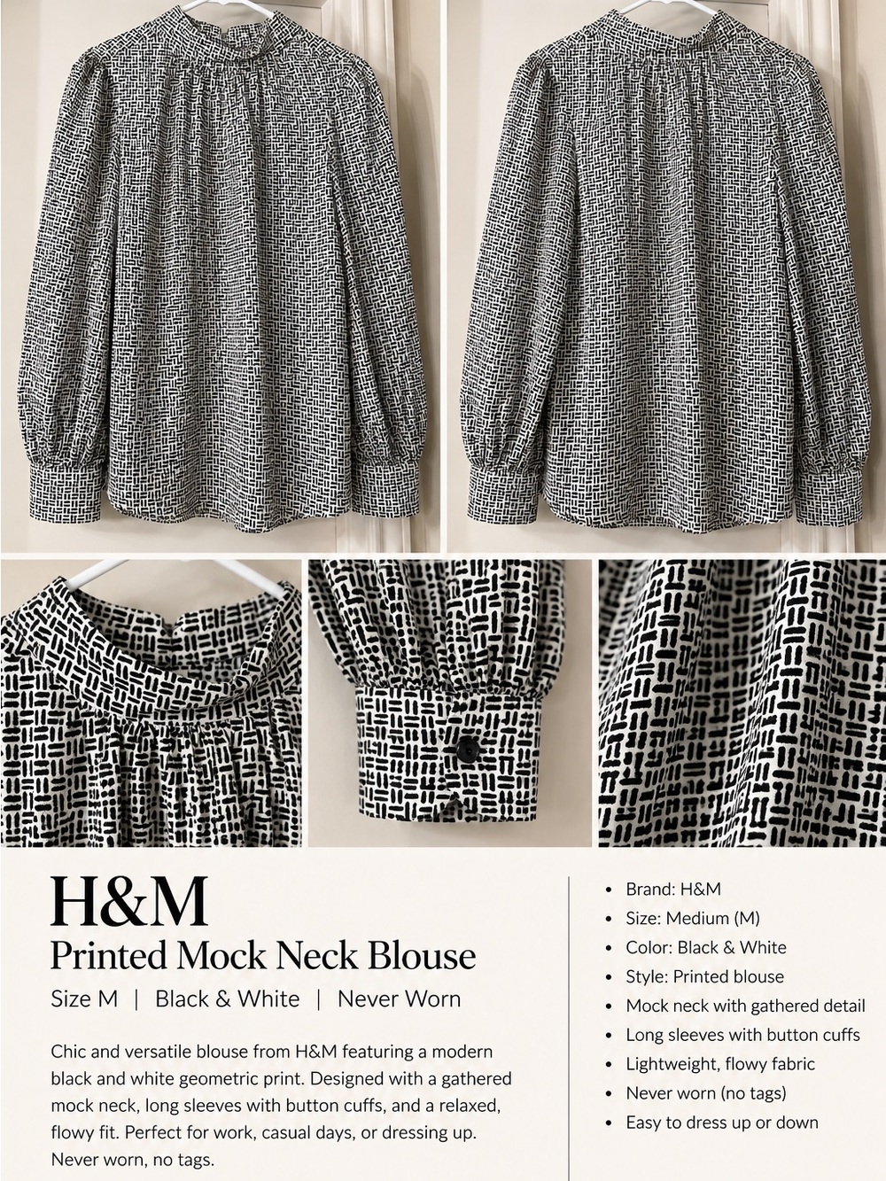 H&M Black and White Geometric Mock Neck Blouse
